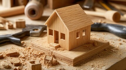 Miniature wooden house model on workbench with woodworking tools and sawdust.