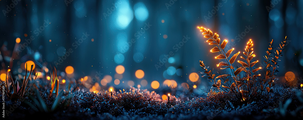 Poster enchanting forest scene filled with glowing ferns and soft, ethereal light.