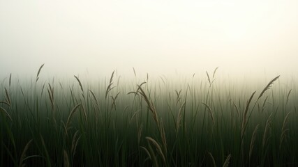 Obraz premium A field of tall grass obscured by a thick fog, creating a sense of mystery and tranquility.
