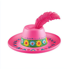 Colorful pink sombrero hat with decorative flowers and feather