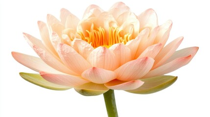 Fototapeta premium Close-up of a delicate, peach-colored lotus flower, petals gently curving outward, showcasing a vibrant orange center.