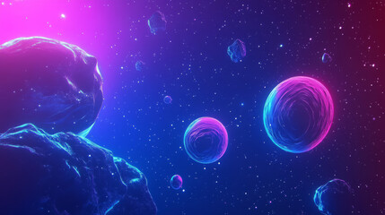 Blue outer space background with stars and nebula, neon glowing planets with orbit and falling asteroids. Cartoon vector illustration of cosmos bg with celestial bodies. Fantasy astronomy backdrop.