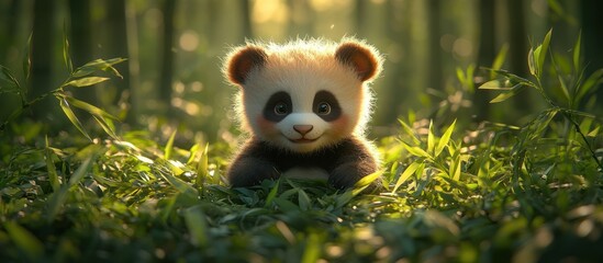 Obraz premium Adorable baby panda cub sitting in bamboo forest.