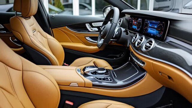 modern car interior with brown leather seats