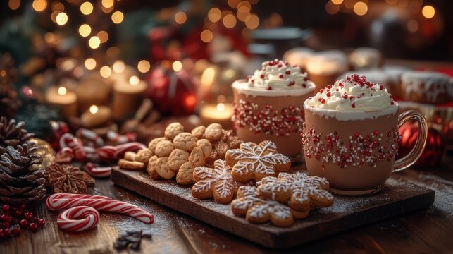 Festive hot chocolate with Christmas cookies and decorations.