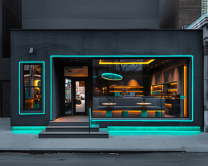 Contemporary boutique featuring a charcoal exterior with vivid neon teal lighting. The modern design elements stand out sharply in the high-definition urban backdrop