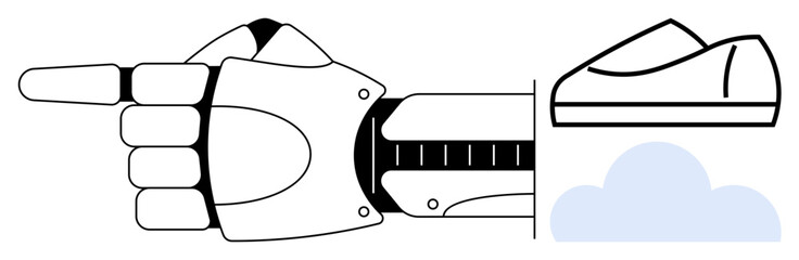 Robotic hand pointing right with extended index finger, a floating cloud and a sketch of a shoe. Ideal for technology, robotics, innovation, AI, automation, cybernetics, cloud computing. Line