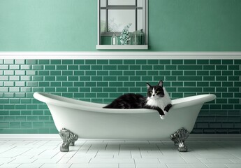 Bright green bathroom with a relaxing bathtub, adorned with a blank decorative painting on the wall, creating a serene and open atmosphere. The large window offers a stunning city skyline view, making