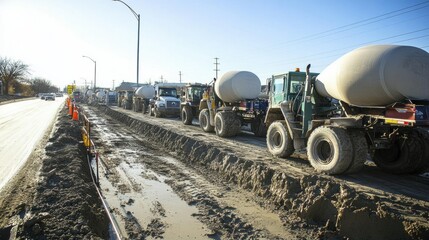 Construction site with multiple concrete trucks lined up for work.