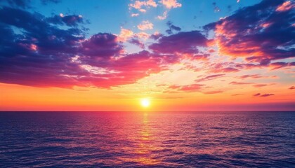 A vibrant sunset over the ocean, showcasing colorful clouds and water.