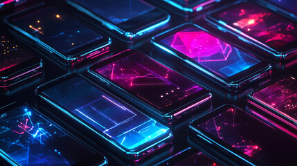 Futuristic smartphones digital web banner concept with many glowing low polygonal mobile phones