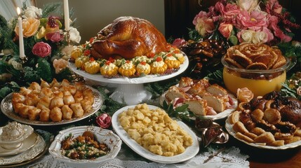Abundant Thanksgiving feast with roasted turkey, side dishes, and desserts on a table.