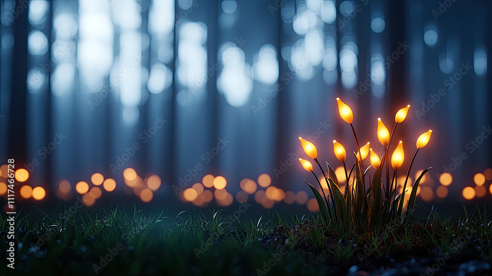 Poster glowing flowers in a misty forest create a magical and enchanting atmosphere.