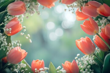 Immersive Floral Wreath Circular Frame of Vibrant Tulips and Delicate Baby's Breath with Soft Focus Background for Creative Projects