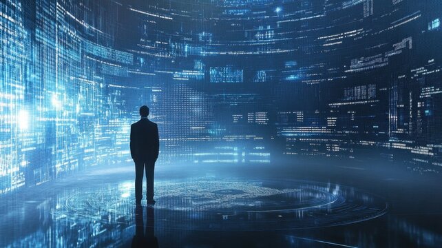 Businessman looking at digital data code in a virtual reality environment expert implementing data governance strategy