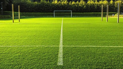 Obraz premium A well-maintained green sports field with goalposts and markings.