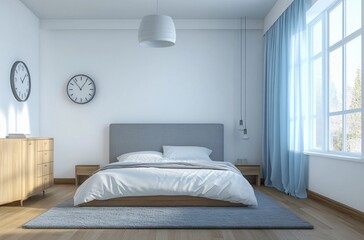 Bright and soothing light blue bedroom with a cozy bed, clock, and stylish decor, perfect for a guesthouse or hotel setting. The modern interior design and youthful style create a comfortable and welc