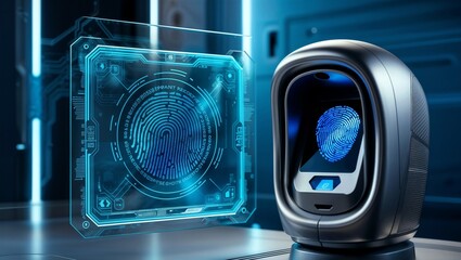 Biometric fingerprint scanner, advanced cybersecurity interface, metallic and glass textures