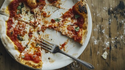 A dirty dish with pizza crusts and tomato sauce smears, with a fork lying at an angle