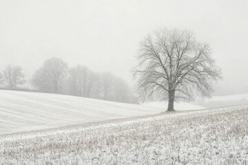 Obraz premium A solitary tree in a snowy landscape under a foggy sky.