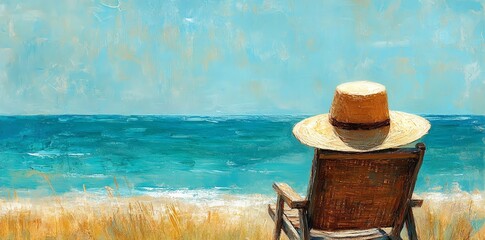 Fototapeta premium A serene beach scene featuring a chair and a straw hat, inviting relaxation by the ocean.