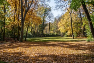 Naklejka premium A serene autumn landscape with vibrant foliage and a grassy area.