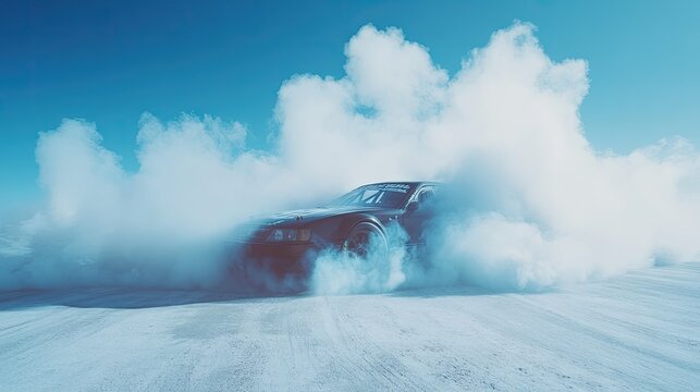 A dramatic shot of a drift car in mid-drift, surrounded by clouds of smoke under clear blue skies