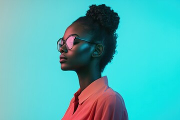 Obraz premium Stylish Portrait of a Young Woman with Glasses Against a Vibrant Background