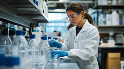 Water bottle quality test science engineering concept. Lab control research analysis data indicator graph. HUD chemistry clean water medical experiment vector illustration