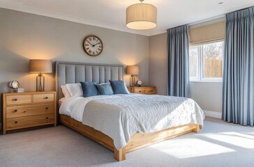 Bright and soothing light blue bedroom with a cozy bed, clock, and stylish decor, perfect for a guesthouse or hotel setting. The modern interior design and youthful style create a comfortable and welc