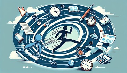 Illustrated person chasing time amidst spinning clocks and documents