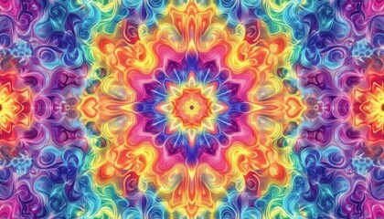 A vibrant, kaleidoscopic pattern with swirling colors and shapes.