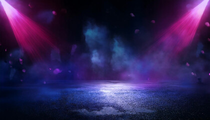 Naklejka premium Futuristic Neon Glow stage- Spotlight and Smoke on Reflective Asphalt