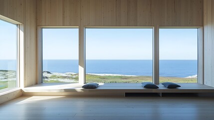 Fototapeta premium Minimalist interior with large windows and ocean view 