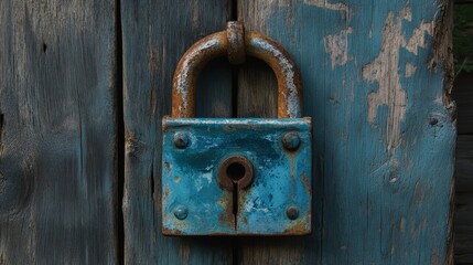 Rusty Blue Padlock on Wooden Door
