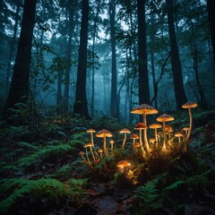 A mystical forest with glowing mushrooms and mist.