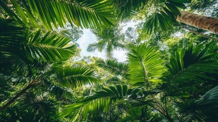 Fototapeta premium Lush Tropical Rainforest Canopy Palm Trees Nature Background