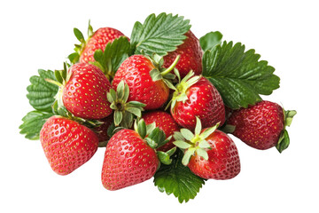 Freshly picked strawberries with vibrant red skin and bright green leaves, showcasing the texture and detail of the fruit.