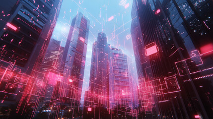 Fototapeta premium Singapore city skyscraper downtown panoramic view. Digital interface with line connection with cubes in the foreground. Concept of trading in modern megapolis