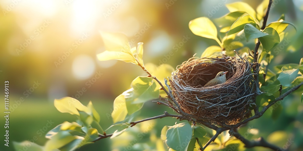 Wall mural A bird's nest nestled among green leaves, softly illuminated by sunlight.