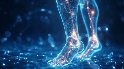 Futuristic feet walking on digital surface, exploring the metaverse