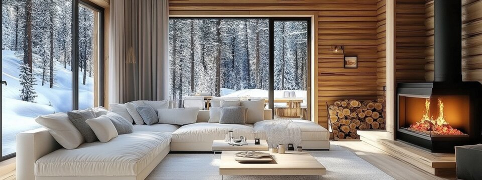 Salon de una caba&ntilde;a de monta&ntilde;a lujosa con paredes de madera - chimenea met&aacute;lica cl&aacute;sica encendida- sof&aacute; blanco con rinconera con cojines  claros y grandes ventanales con vistas al bosque nevado