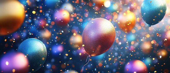 conjunto de globos de colores en el aire  con purpurina y brillantina sobre fondo desenfocado en tonos azules y dorados. concepto celebraciones- cumpleaños- aniversarios- fin de año- navidad