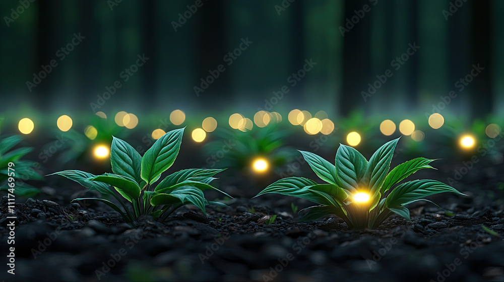 Poster luminous green plants glow softly in a mystical forest setting at dusk.
