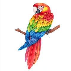 Fototapeta premium Colorful parrot perched on branch, showcasing vibrant feathers and intricate details. This watercolor captures beauty of nature