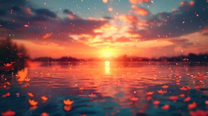 Breathtaking sunset reflection over a serene calm lake landscape with vibrant warm colors and a mystical dreamy atmosphere  A natural