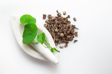 Close-up of fresh organic Gulvel or Giloy (Tinospora cordifolia) leaves alongside its dried...