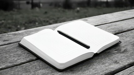An open notebook resting on a wooden surface, featuring blank pages, evoking a sense of creativity and inspiration in a serene outdoor setting.