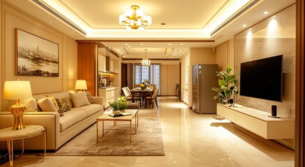 Fototapeta premium Simple and elegant Chinese-style interior design with warm yellow tones, creating a harmonious and tranquil atmosphere for a cozy and inviting living space, blending traditional elements with modern c