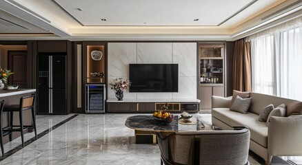 Simple and elegant Chinese-style interior design with warm yellow tones, creating a harmonious and tranquil atmosphere for a cozy and inviting living space, blending traditional elements with modern c